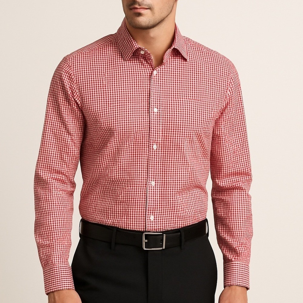Kenneth Cole Reaction Dress Shirt Men L Red‎ Gingham Slim Fit Non Iron Preppy